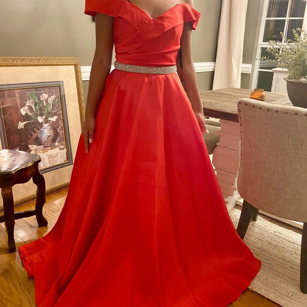 Red Off the Shoulder Ballgown with beaded waist